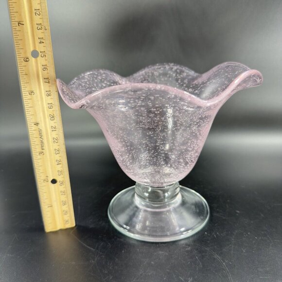 Art Glass Clear Footed Bowl Compote Pink Top With Small Bubbles Glass Decor - Picture 5 of 12